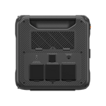Back view of the Bluetti portable power station, specifically the Bluetti Apex300, featuring three covered outlets, a cooling vent, an input port, a circuit protector button, and a handle at the top. The device is black with a textured surface.