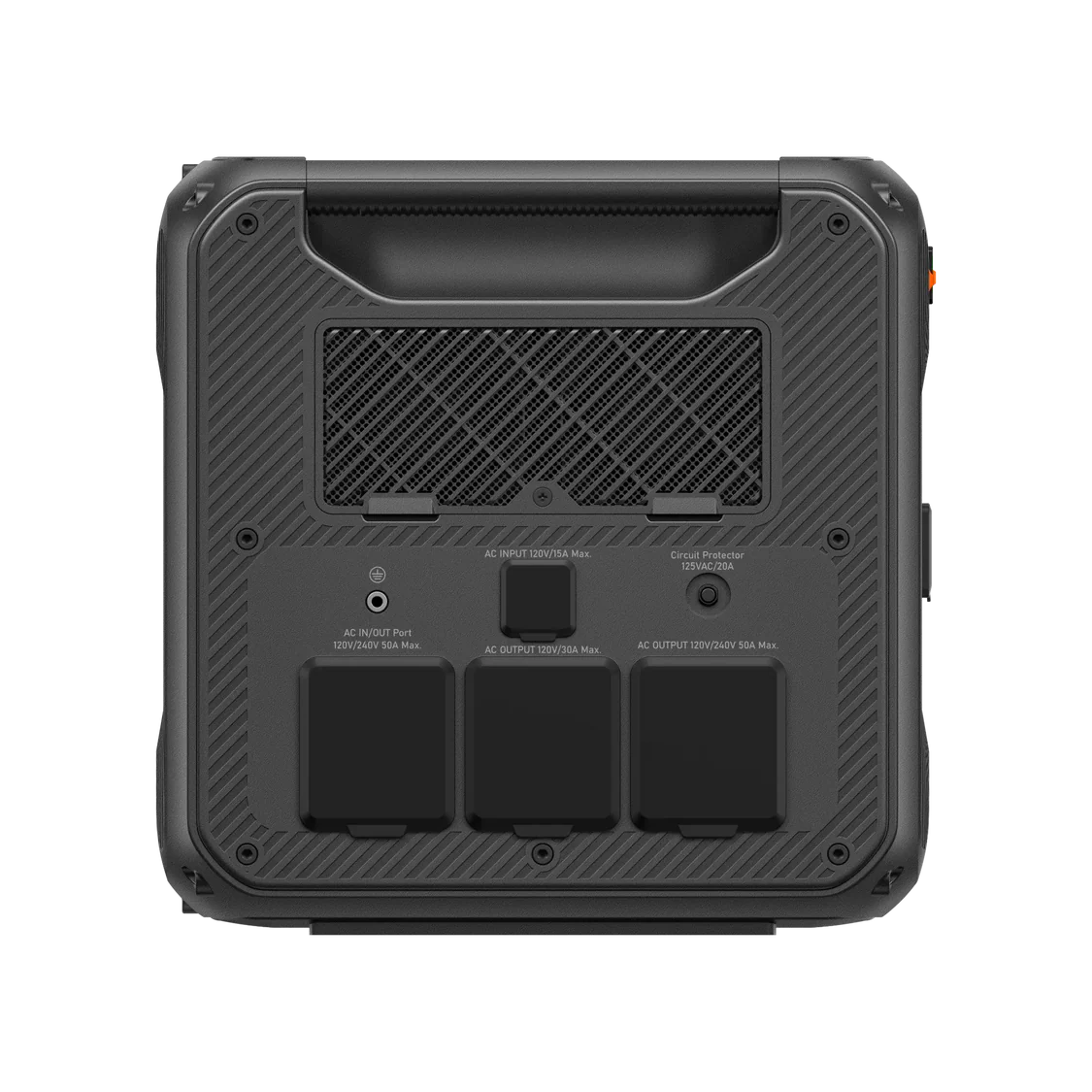Back view of the Bluetti portable power station, specifically the Bluetti Apex300, featuring three covered outlets, a cooling vent, an input port, a circuit protector button, and a handle at the top. The device is black with a textured surface.
