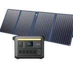 An Anker portable solar panel and a black Anker power station with LiFePO₄ batteries, multiple outlets, and a digital display are displayed together on a white background.
