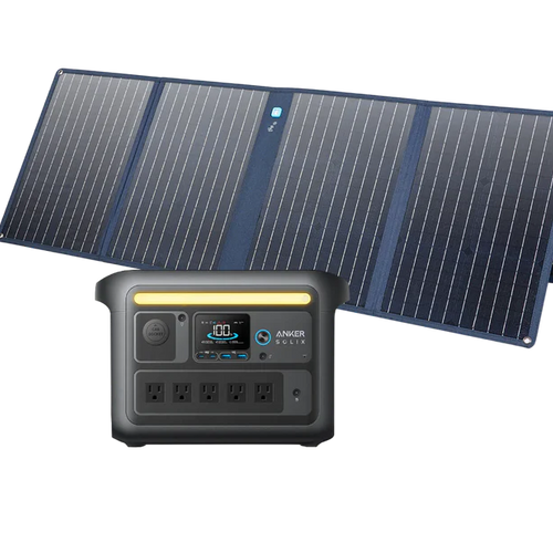 An Anker portable solar panel and a black Anker power station with LiFePO₄ batteries, multiple outlets, and a digital display are displayed together on a white background.
