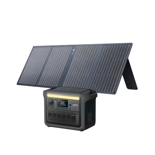 An Anker portable solar panel is angled behind the Anker SOLIX C1000X Portable Power Station, which features multiple outlets and a digital display on its front.