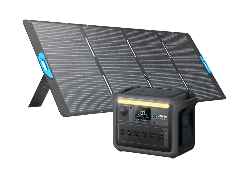 The Anker SOLIX C1000X is a portable solar power station in black with multiple outlets and a digital display, ideal for off-grid charging and powering devices.