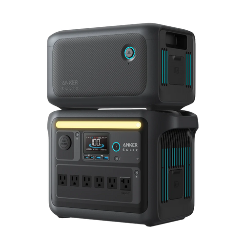 The stackable Anker SOLIX portable power station offers solar charging, multiple AC outlets, a digital display, control buttons, carrying handles, and blue accent lights on a sleek black and gray design.
