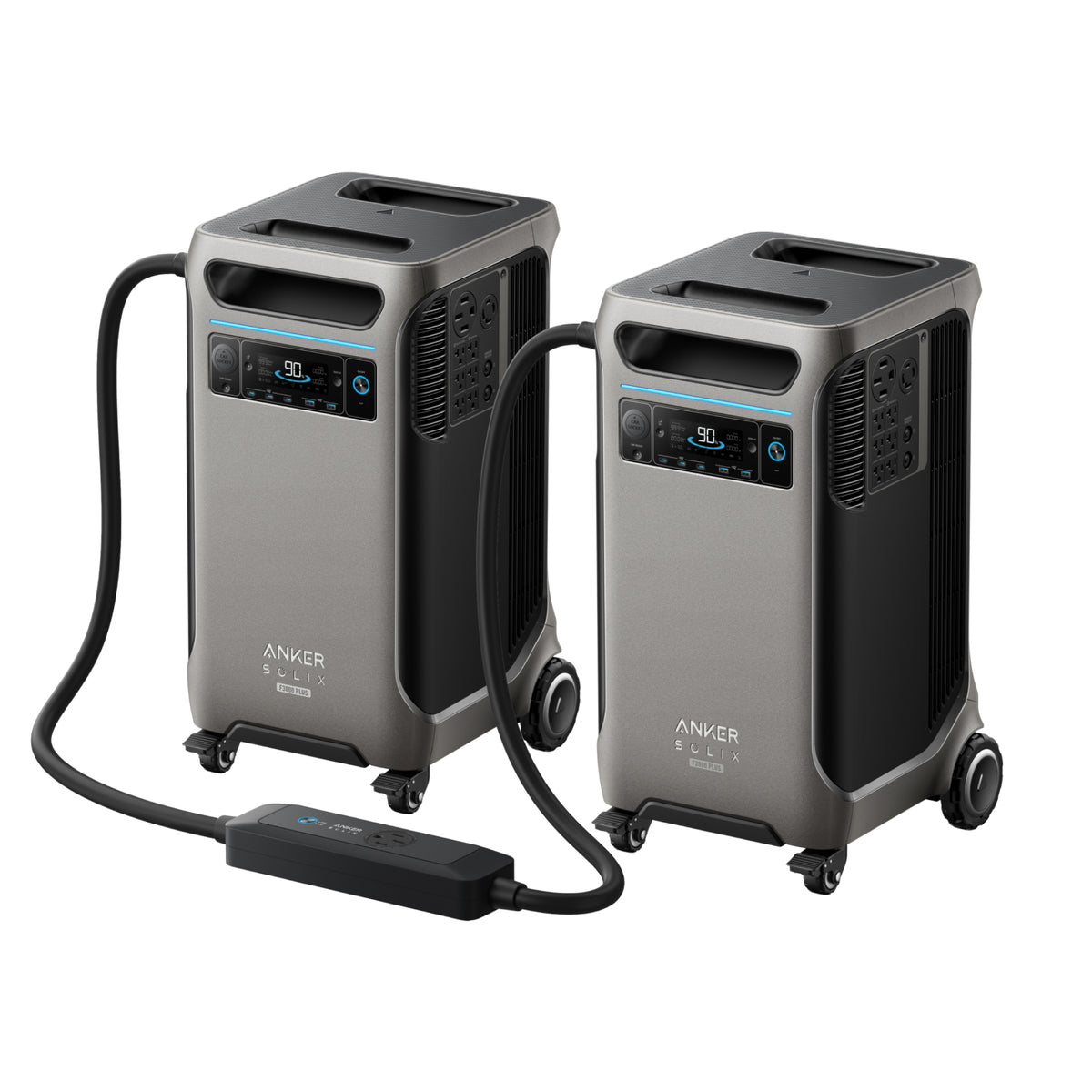 Two Anker silver and black portable power stations with digital displays are linked by a heavy cable and black connector box, featuring wheels and handles for easy transport. Ideal for backup power or generator charging during outages.