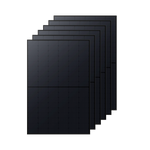Six black Anker high-efficiency solar panels, like the Anker SOLIX 410W Rigid Solar Panel, are vertically arranged in a staggered, slightly overlapping stack against a plain black background, each featuring a grid pattern.