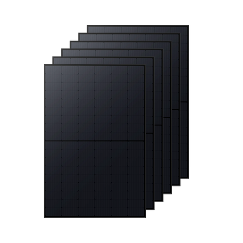 Six black Anker high-efficiency solar panels, like the Anker SOLIX 410W Rigid Solar Panel, are vertically arranged in a staggered, slightly overlapping stack against a plain black background, each featuring a grid pattern.