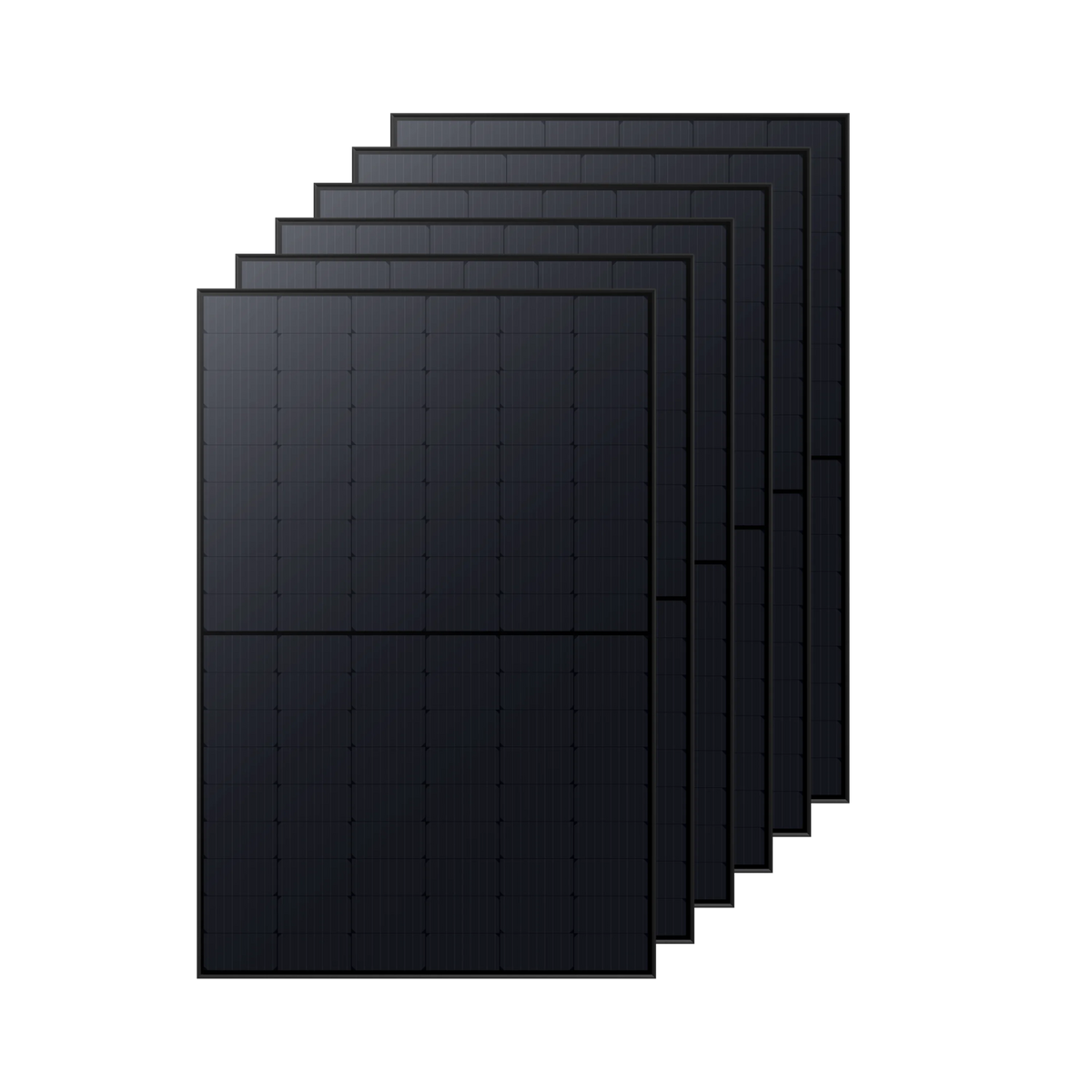 Six black Anker high-efficiency solar panels, like the Anker SOLIX 410W Rigid Solar Panel, are vertically arranged in a staggered, slightly overlapping stack against a plain black background, each featuring a grid pattern.