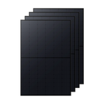 Four Anker SOLIX 410W rigid solar panels, stacked with a slight overlap on a black background, display their grid pattern and smooth finish—ideal for off-grid energy from trusted brand Anker.