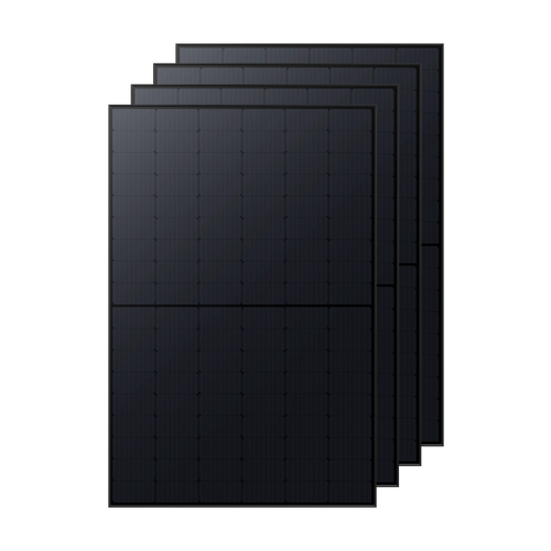 Four Anker SOLIX 410W rigid solar panels, stacked with a slight overlap on a black background, display their grid pattern and smooth finish—ideal for off-grid energy from trusted brand Anker.