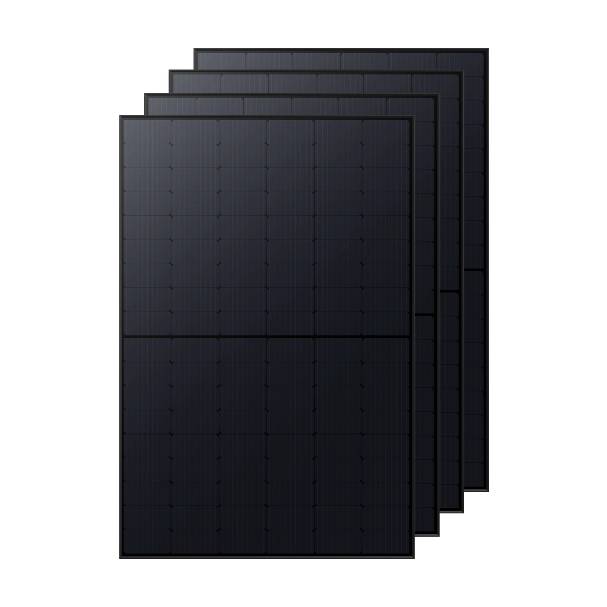 Four Anker SOLIX 410W rigid solar panels, stacked with a slight overlap on a black background, display their grid pattern and smooth finish—ideal for off-grid energy from trusted brand Anker.