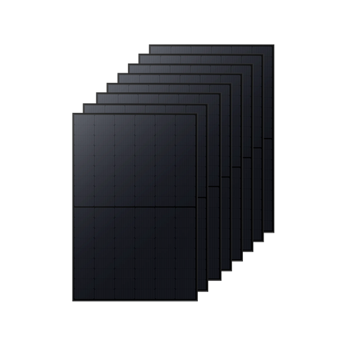 Eight Anker SOLIX 410W Rigid Solar Panels are stacked with slight overlap against a black background, showcasing their grid design and high efficiency—ideal for reliable off-grid energy from Anker.