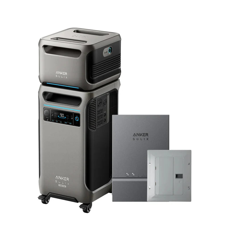 The Anker SOLIX set features a portable power station with handles and display, a stackable battery module, and two rectangular solar panels, all for backup power—shown together on a white background.