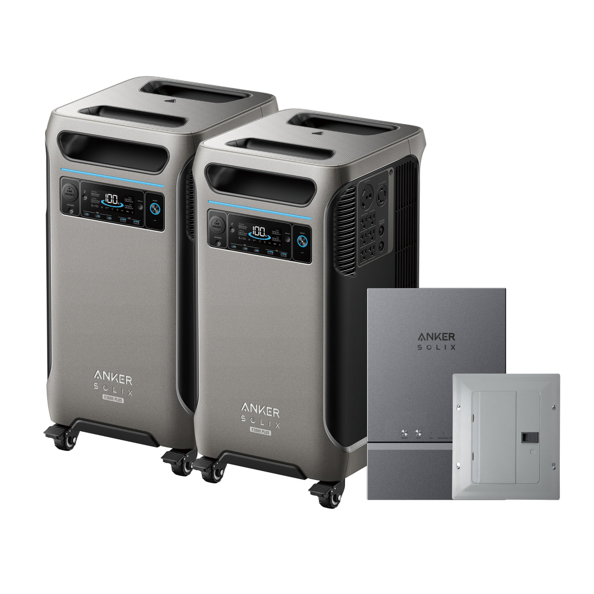 Two Anker Solix battery units with control panels and wheels are side by side, next to a gray Anker Solix wall unit and an electrical breaker panel, providing reliable backup power.