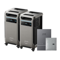 Two Anker Solix battery units with control panels and wheels are side by side, next to a gray Anker Solix wall unit and an electrical breaker panel, providing reliable backup power.