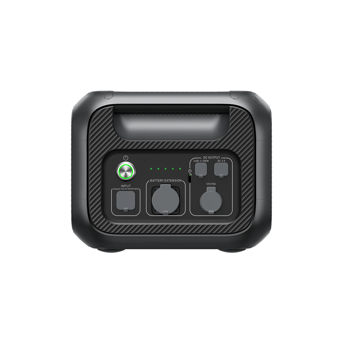 The Bluetti B230 portable power station features a handle, power button, LED battery indicators, input port, multiple output sockets, and DC outputs on its front panel—ideal for solar charging on the go.