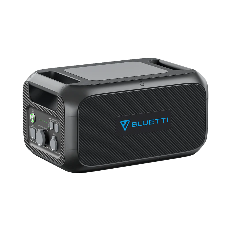 The Bluetti B230 portable power station features a black, textured exterior, carrying handle, control panel, and multiple ports—perfect for reliable solar power and energy on the go.