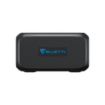 The Bluetti portable power station is a compact, rectangular black device with a textured front and the Bluetti logo in blue at the center, making it an ideal versatile solar power solution.