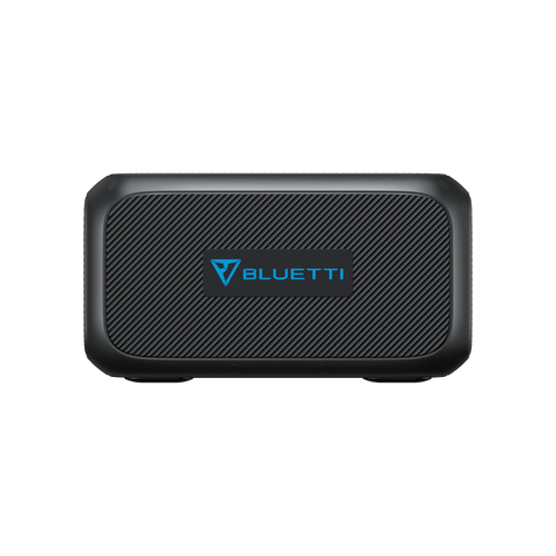 The Bluetti portable power station is a compact, rectangular black device with a textured front and the Bluetti logo in blue at the center, making it an ideal versatile solar power solution.