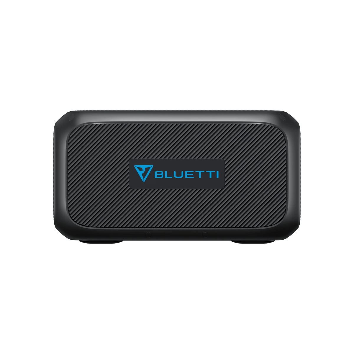The Bluetti portable power station is a compact, rectangular black device with a textured front and the Bluetti logo in blue at the center, making it an ideal versatile solar power solution.