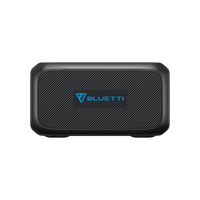 The Bluetti portable power station is a compact, rectangular black device with a textured front and the Bluetti logo in blue at the center, making it an ideal versatile solar power solution.