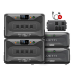 Four Bluetti power stations, including the portable Bluetti APEX300, two battery units, and a double adapter cable are displayed together on a white background.