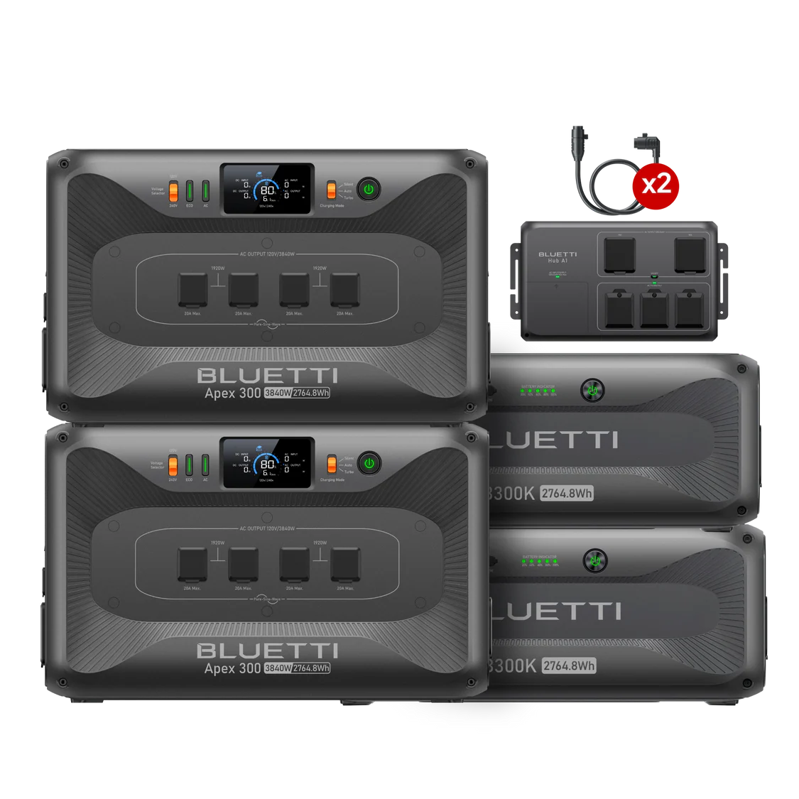 Four Bluetti power stations, including the portable Bluetti APEX300, two battery units, and a double adapter cable are displayed together on a white background.