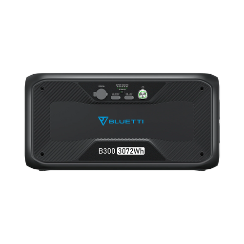 Front view of the Bluetti B300 portable power station featuring control buttons, indicator lights, and a display panel. The label shows B300 3072Wh and highlights its expandable battery capacity for larger energy requirements.