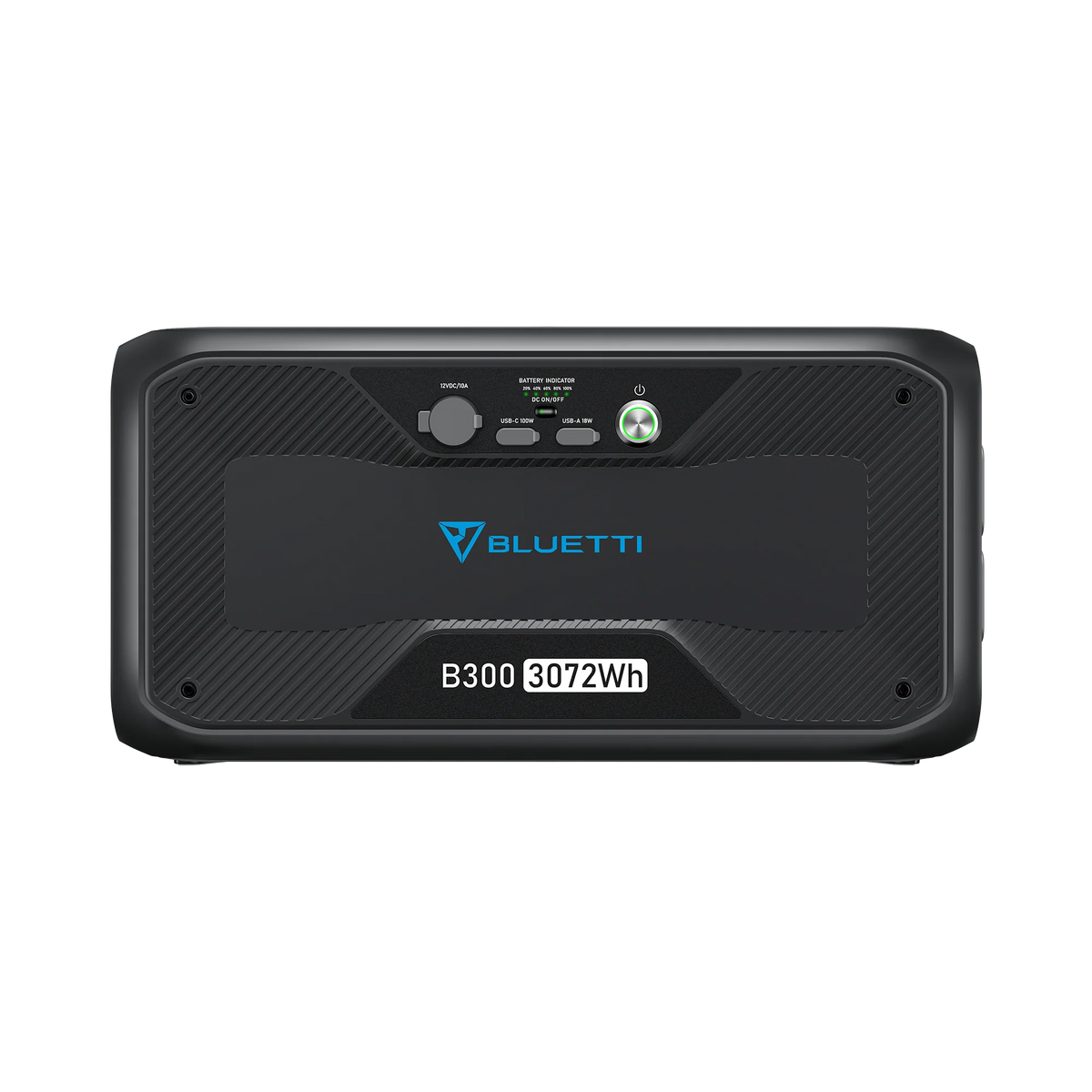 Front view of the Bluetti B300 portable power station featuring control buttons, indicator lights, and a display panel. The label shows B300 3072Wh and highlights its expandable battery capacity for larger energy requirements.