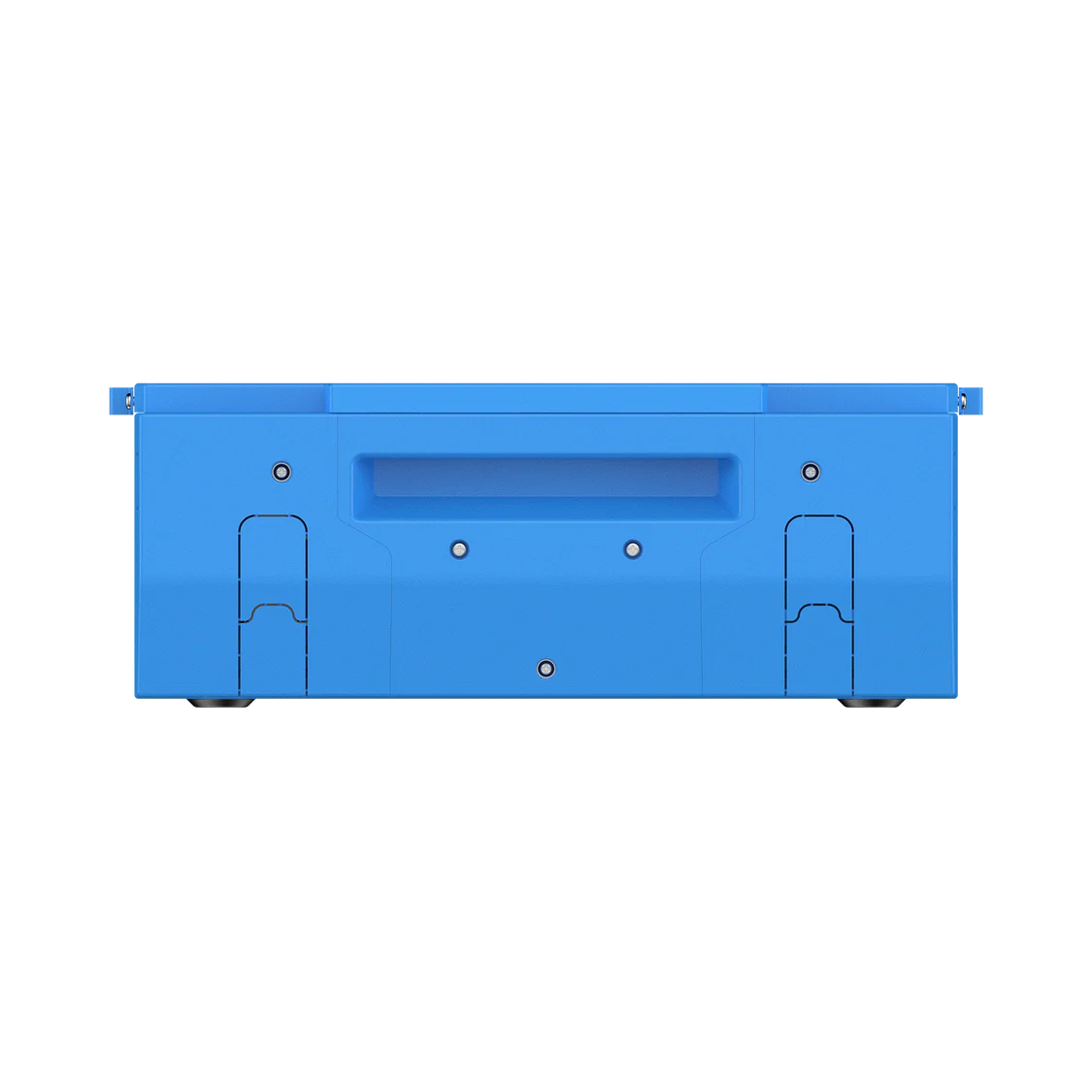 Blue rectangular plastic storage crate by Bluetti, featuring a recessed center handle and small metal fasteners visible on the front—reminiscent of practical containers used for storing portable power stations like the BLUETTI B4810 or solar generator accessories—set against a plain white background.