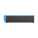 A rectangular black and blue electronic device, viewed from the side, featuring a smooth surface with visible screws and a small latch on the left end—this sleek design is characteristic of a Bluetti portable power station.