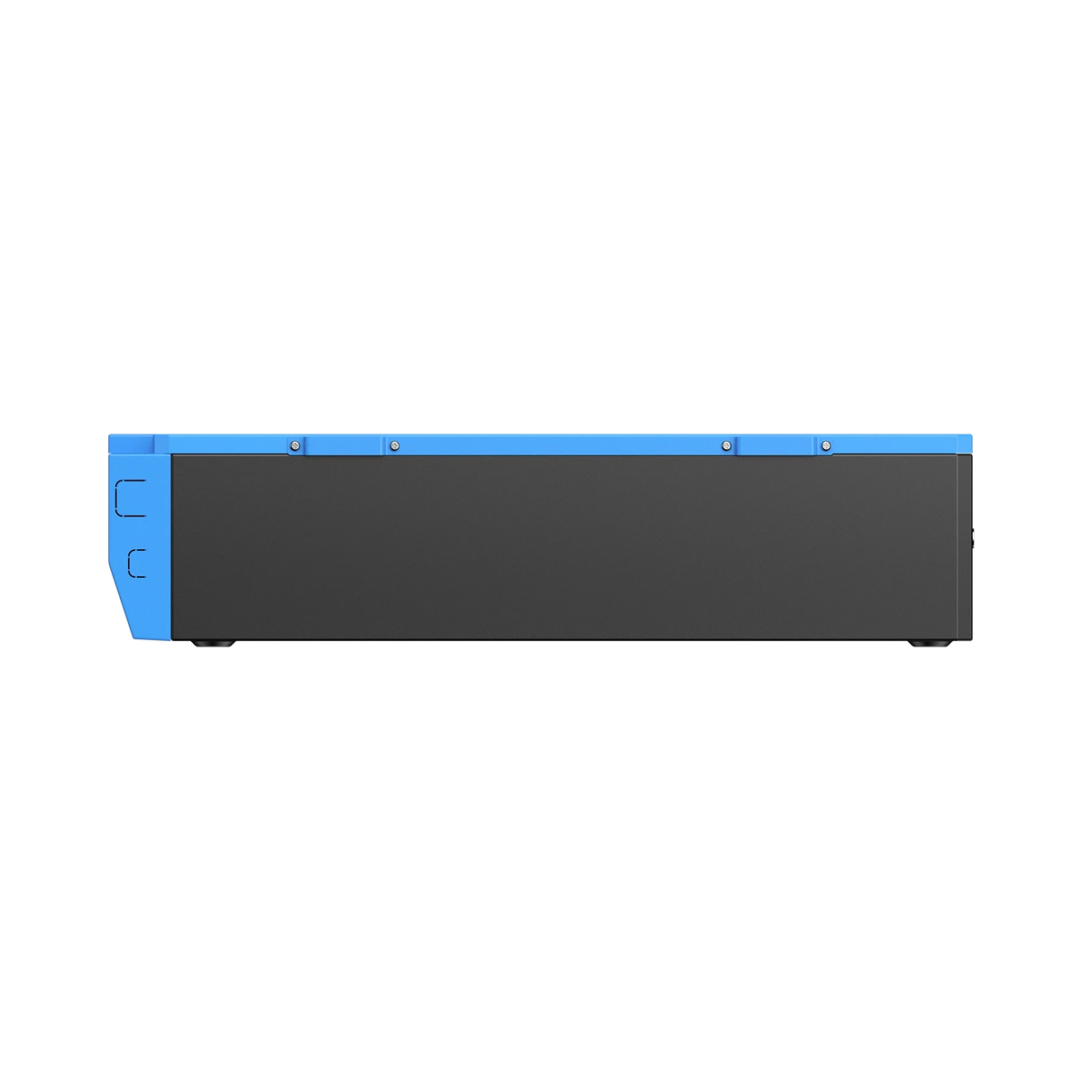 A rectangular black and blue electronic device, viewed from the side, featuring a smooth surface with visible screws and a small latch on the left end—this sleek design is characteristic of a Bluetti portable power station.
