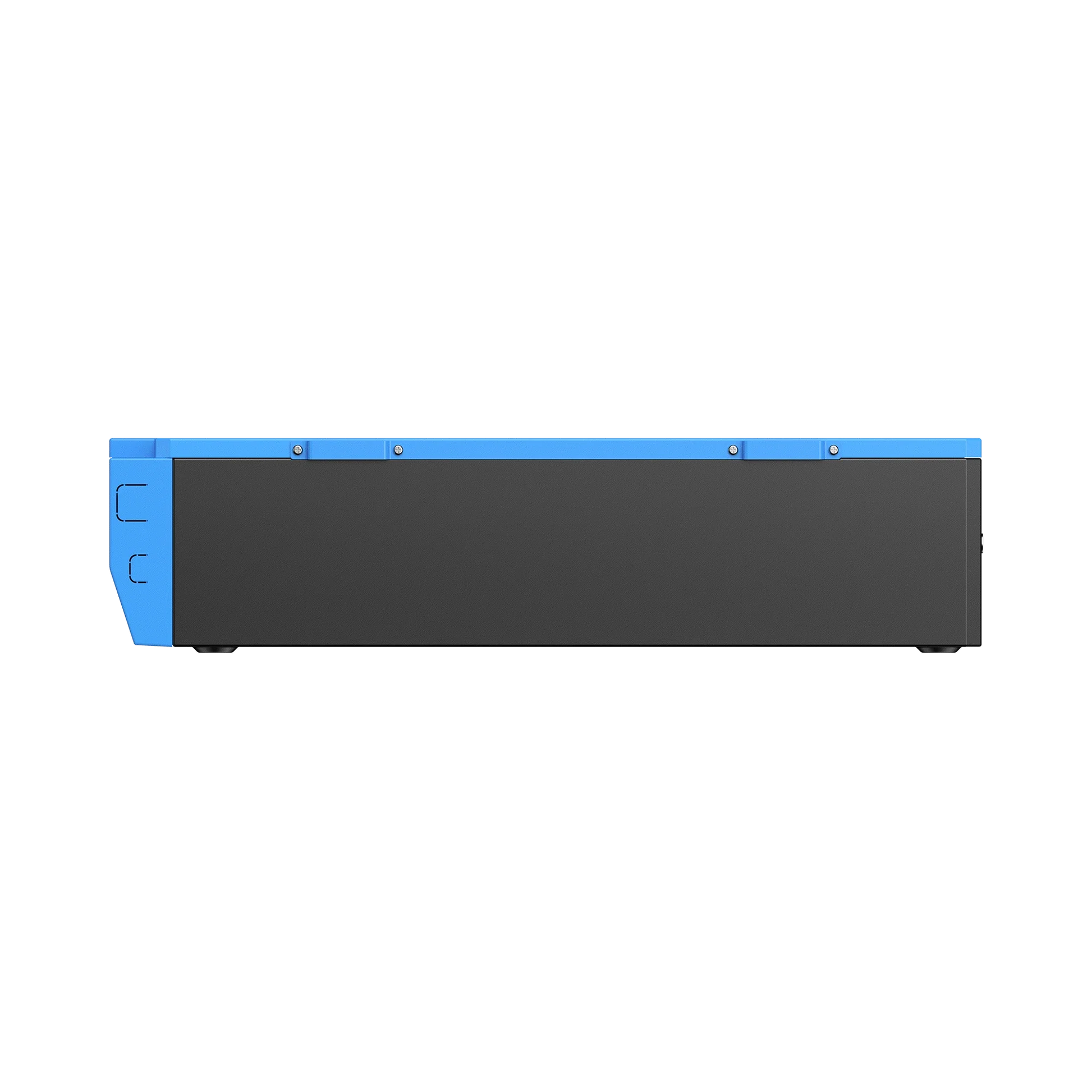 A rectangular black and blue electronic device, viewed from the side, featuring a smooth surface with visible screws and a small latch on the left end—this sleek design is characteristic of a Bluetti portable power station.
