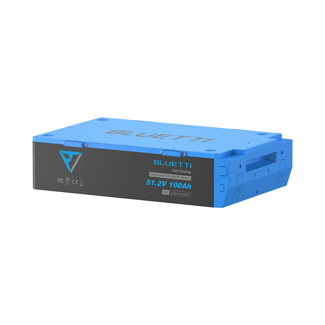 A rectangular blue and black Bluetti battery pack, branded with the Bluetti logo and labeled 51.2V 100Ah Self-Heating, is displayed against a plain white background, featuring prominent certification icons. This versatile Bluetti B4810 battery serves as an ideal portable power station, delivering reliable energy wherever you go.