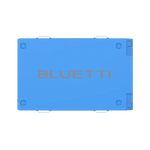 A blue rectangular device is seen from above, displaying the brand name Bluetti in large letters on its surface. Four round indents and handles are positioned along the edges, underscoring the practical and well-considered design of this portable power station. The Bluetti B4810 battery offers robust construction paired with convenient portability to meet a wide range of power needs.