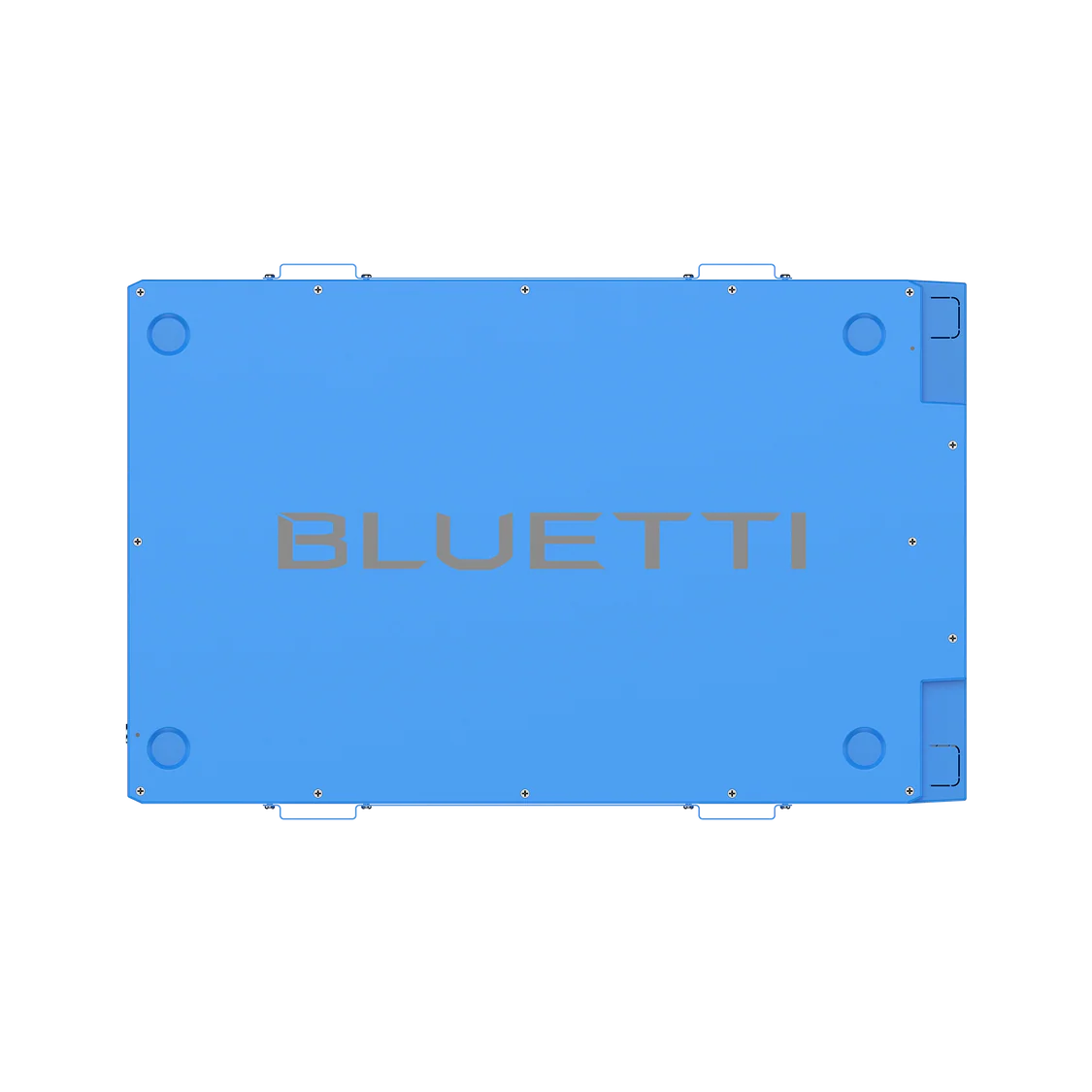 A blue rectangular device is seen from above, displaying the brand name Bluetti in large letters on its surface. Four round indents and handles are positioned along the edges, underscoring the practical and well-considered design of this portable power station. The Bluetti B4810 battery offers robust construction paired with convenient portability to meet a wide range of power needs.