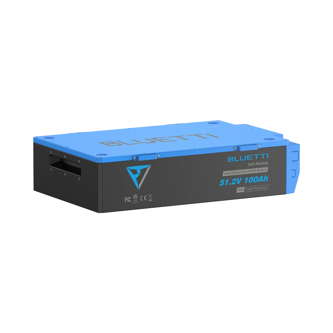Rectangular Bluetti B4810 battery module with a blue and black casing, prominently labeled 51.2V 100Ah, featuring the Bluetti brand logo, certification marks, and multiple ports on the side—ideal for upgrading your solar generator or portable power station—displayed against a plain white background.