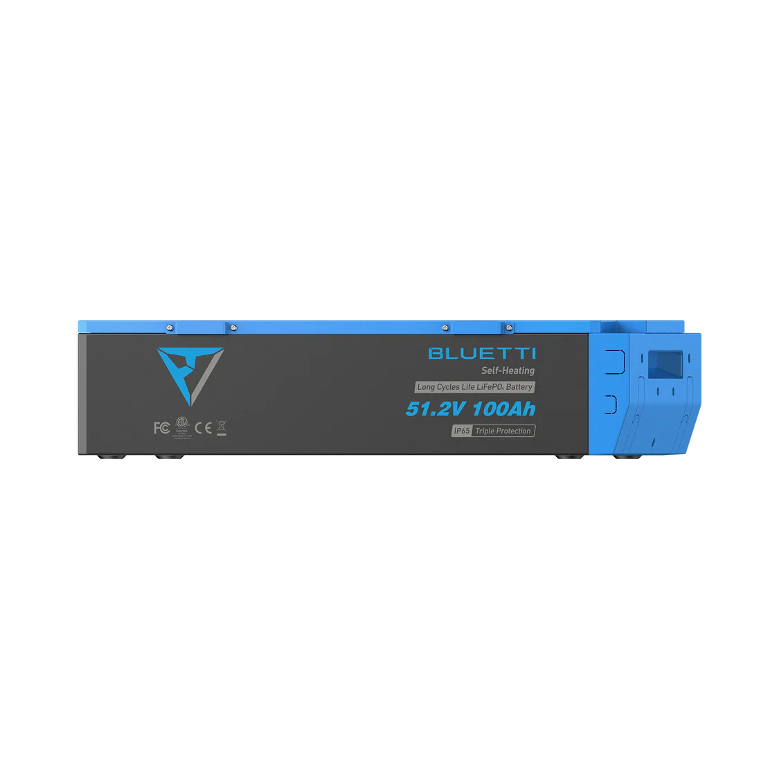A Bluetti B4810 self-heating lithium battery pack, featuring a blue and gray design and prominently labeled 51.2V 100Ah, is displayed from the side against a light background—offering dependable energy storage for your portable power station setup.