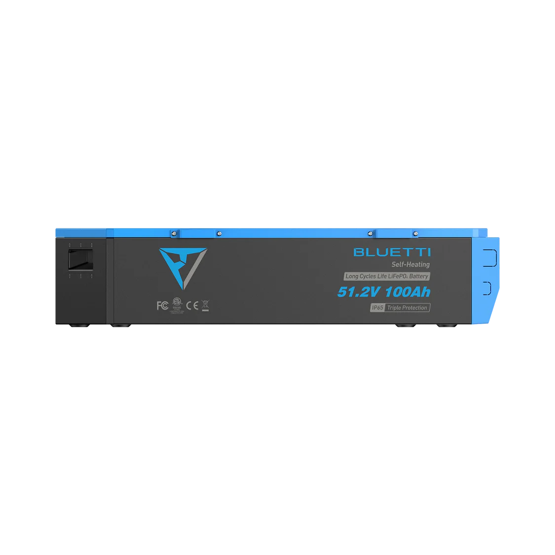 A rectangular Bluetti B4810 51.2V 100Ah lithium battery with a blue top, black body, Bluetti logo, and technical information printed on the side, photographed on a plain white background—an ideal choice for enhancing your solar generator or portable power station setup.