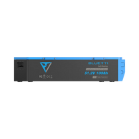 A rectangular Bluetti B4810 51.2V 100Ah lithium battery with a blue top, black body, Bluetti logo, and technical information printed on the side, photographed on a plain white background—an ideal choice for enhancing your solar generator or portable power station setup.