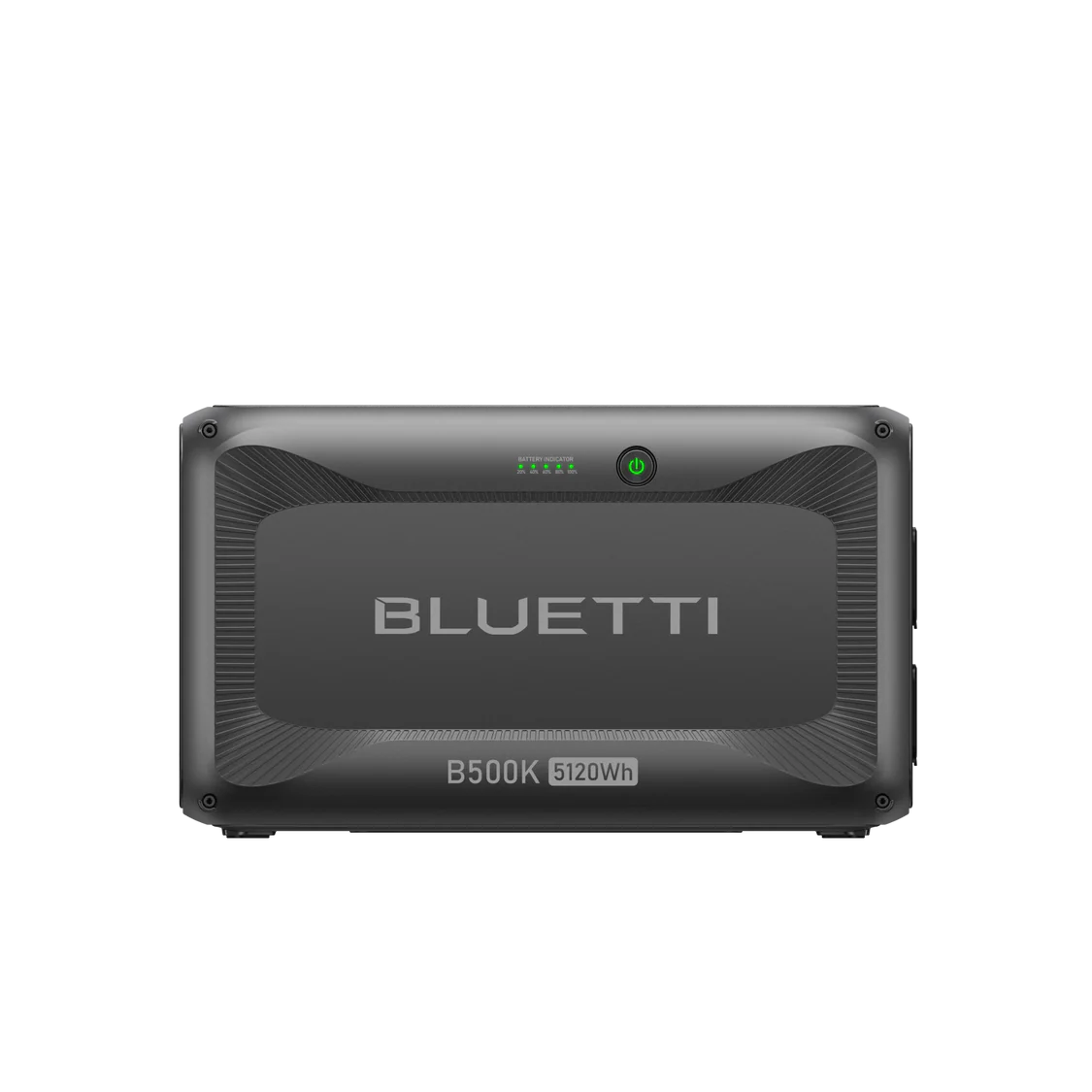 A rectangular black BLUETTI B500K portable power station labeled B500K 5120Wh with indicator lights and a power button on the front, shown against a plain light background.
