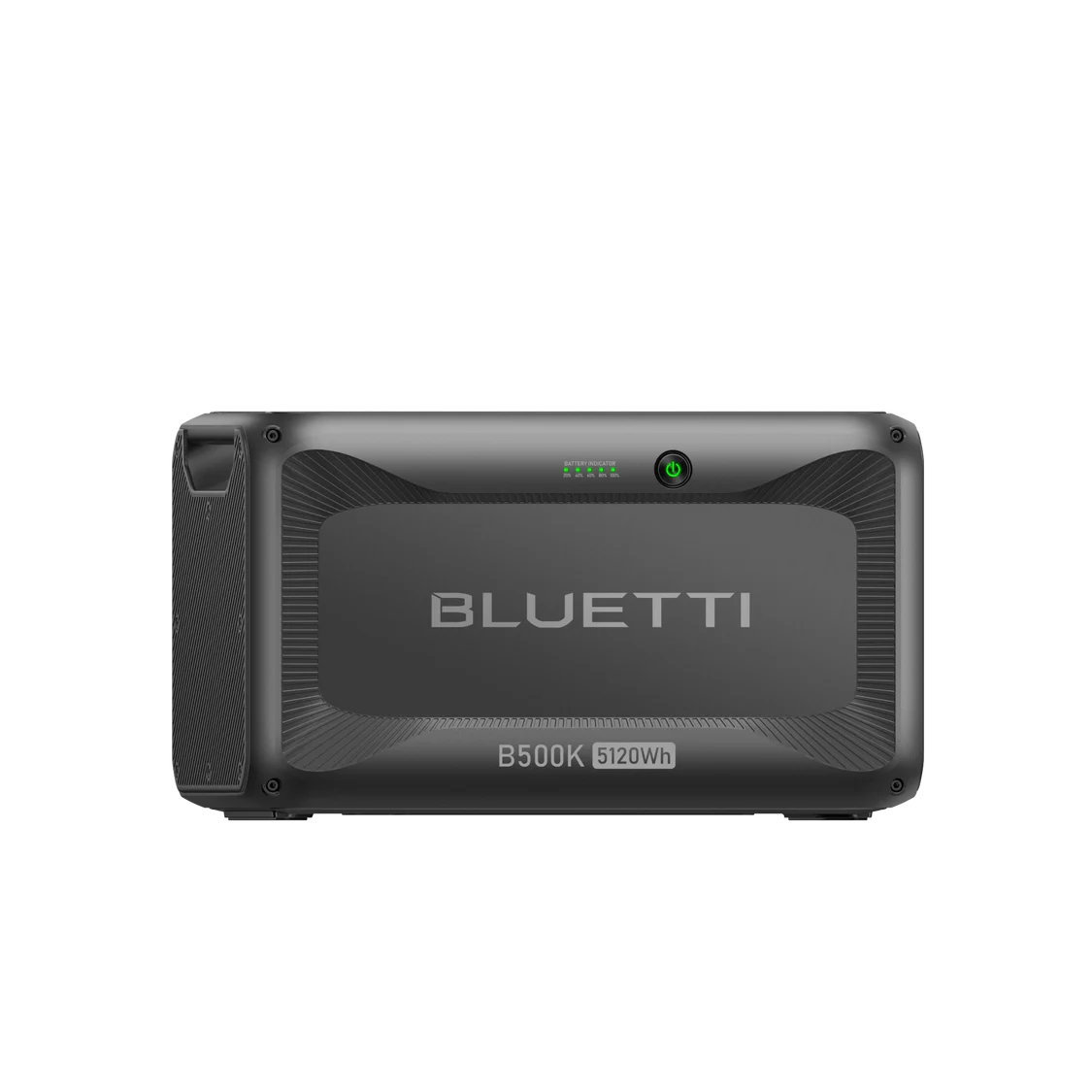 A rectangular black BLUETTI B500K portable power station with a digital indicator and 5120Wh label is shown against a plain white background.