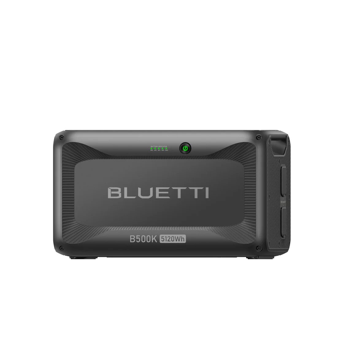 A BLUETTI B500K portable power station and solar generator with a 5120Wh capacity, black casing, LED indicator lights, and sturdy handle is shown against a plain white background.