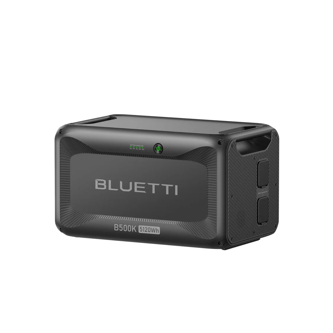 A black rectangular BLUETTI B500K portable power station with a handle, side vents, and indicator lights is shown on a plain white background, making it clear that this solar generator is both sleek and functional for various energy needs.