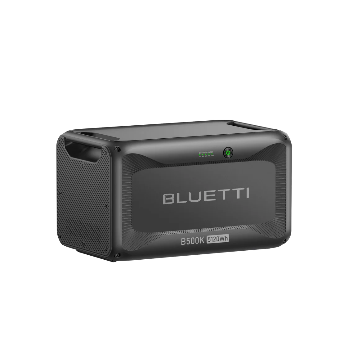 A black Bluetti B500K portable power station, also known as a solar generator, with a digital display and handle is shown on a plain white background.