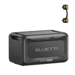 A black BLUETTI B500K portable power station with a small connector cable shown above it. The power station displays a battery level indicator and 5120Wh capacity label on its front panel, making it an ideal bluetti battery solution for dependable backup power.