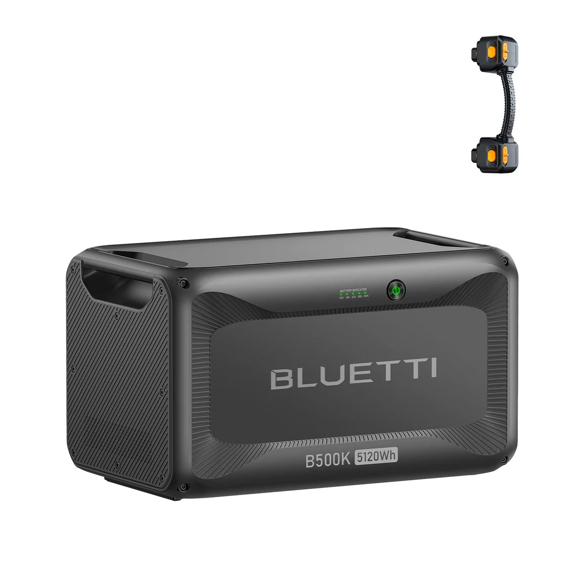 A black BLUETTI B500K portable power station with a small connector cable shown above it. The power station displays a battery level indicator and 5120Wh capacity label on its front panel, making it an ideal bluetti battery solution for dependable backup power.