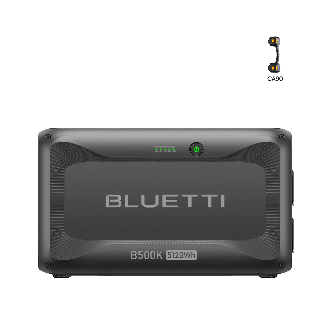 A Bluetti B500K 5120Wh portable power station is shown, with a small CA90 connector cable displayed in the top right corner on a plain white background. This versatile solar generator is ideal for reliable backup power and off-grid adventures.