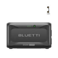 A Bluetti B500K 5120Wh portable power station is shown, with a small CA90 connector cable displayed in the top right corner on a plain white background. This versatile solar generator is ideal for reliable backup power and off-grid adventures.