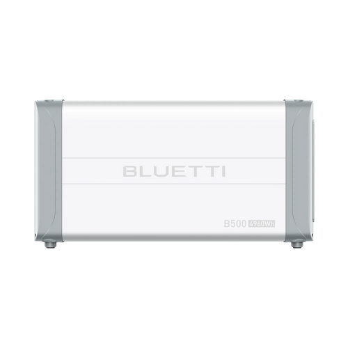 The Bluetti B500 is a rectangular power station with a white body, gray accents, and “BLUETTI” plus “B500 4960Wh” on the front. Ideal for solar energy storage, it features a cord extending from the lower right side.