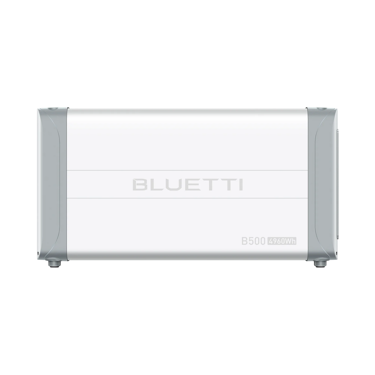 The Bluetti B500 is a rectangular power station with a white body, gray accents, and “BLUETTI” plus “B500 4960Wh” on the front. Ideal for solar energy storage, it features a cord extending from the lower right side.